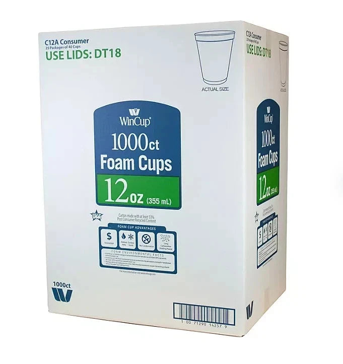 WinCup Foam Drink Cups, White, 12 Ounce (1,000 Count) - Bellso